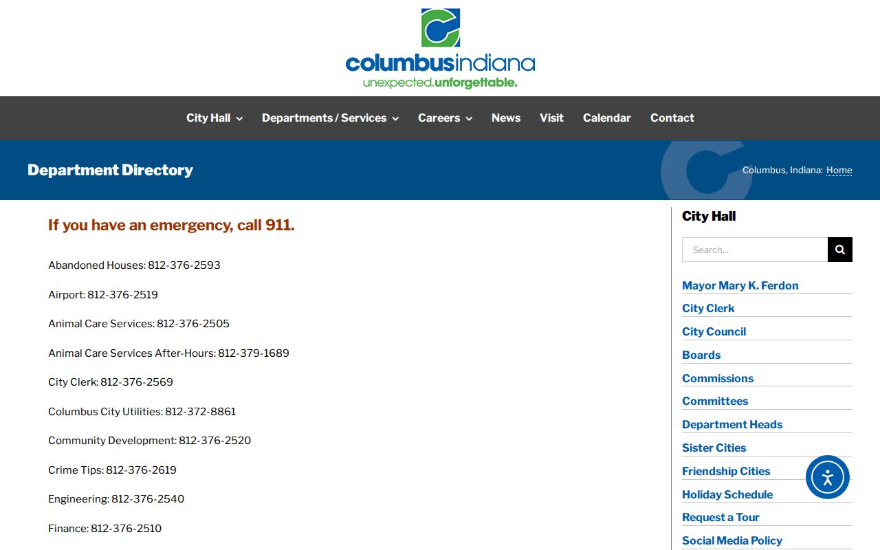 City of Columbus Indiana department directory for public record requests