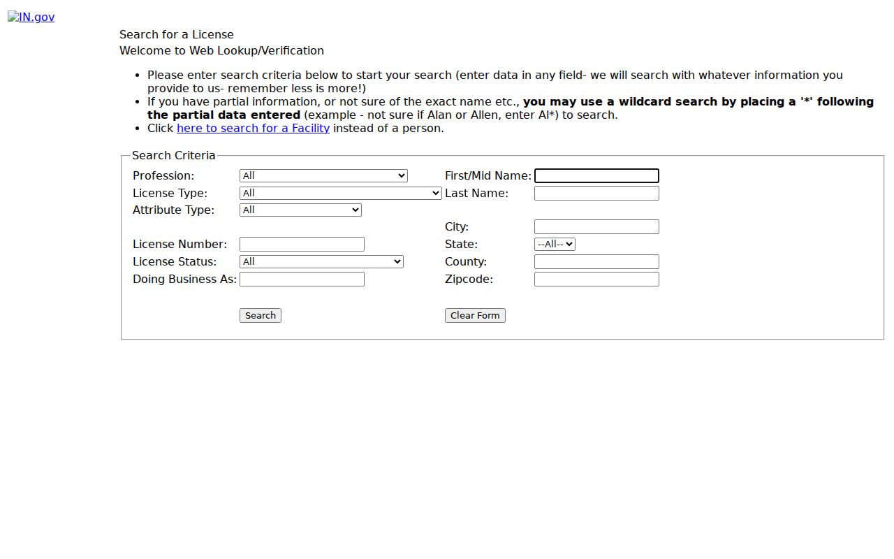 Indiana professional license verification search for a Columbus public role